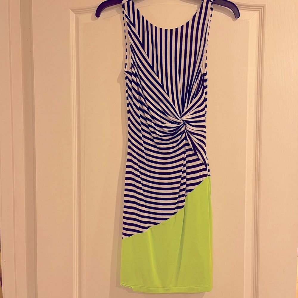 Curve hugging striped dress with lime green splash